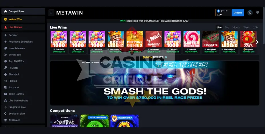 metawin casino review screenshot of home screen