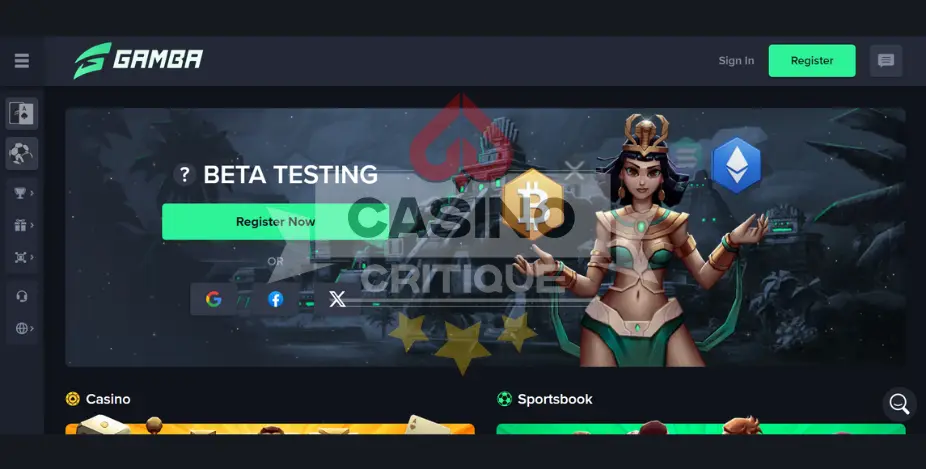 home screen of gamba crypto casino
