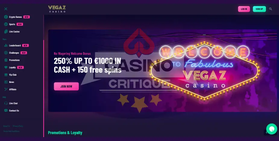 vegaz casino review homepage screenshot