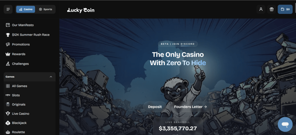 luckycoin casino review dashboard image